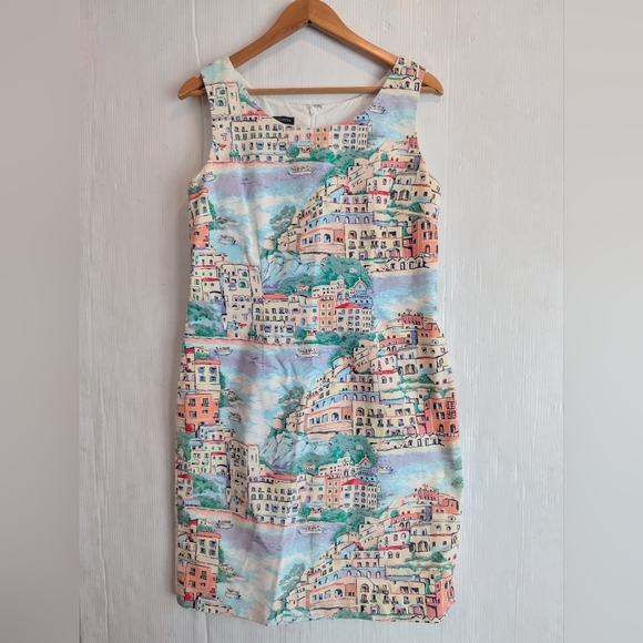 TALBOTS Multicolor Scenic Village Novelty Print Shift Dress Size 8 - Picture 3 of 10